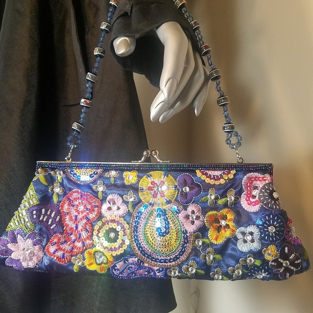 Women's Navy Decorative Beaded Handbag (10" w x 4" h)